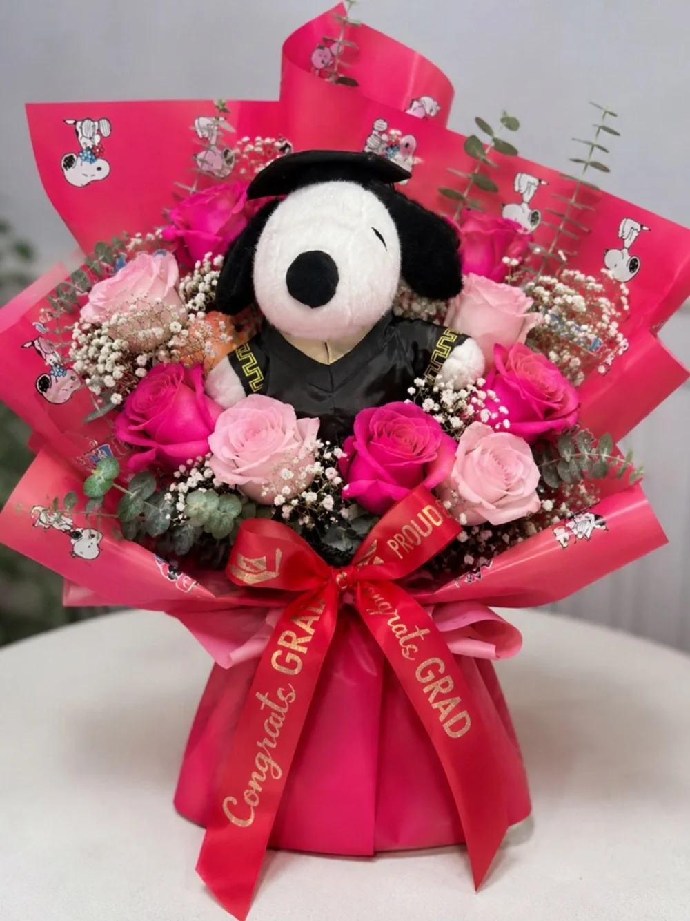 Graduation Bouquet Gift Set Plush Dog 5 Sheets + 2 Yards Ribbon